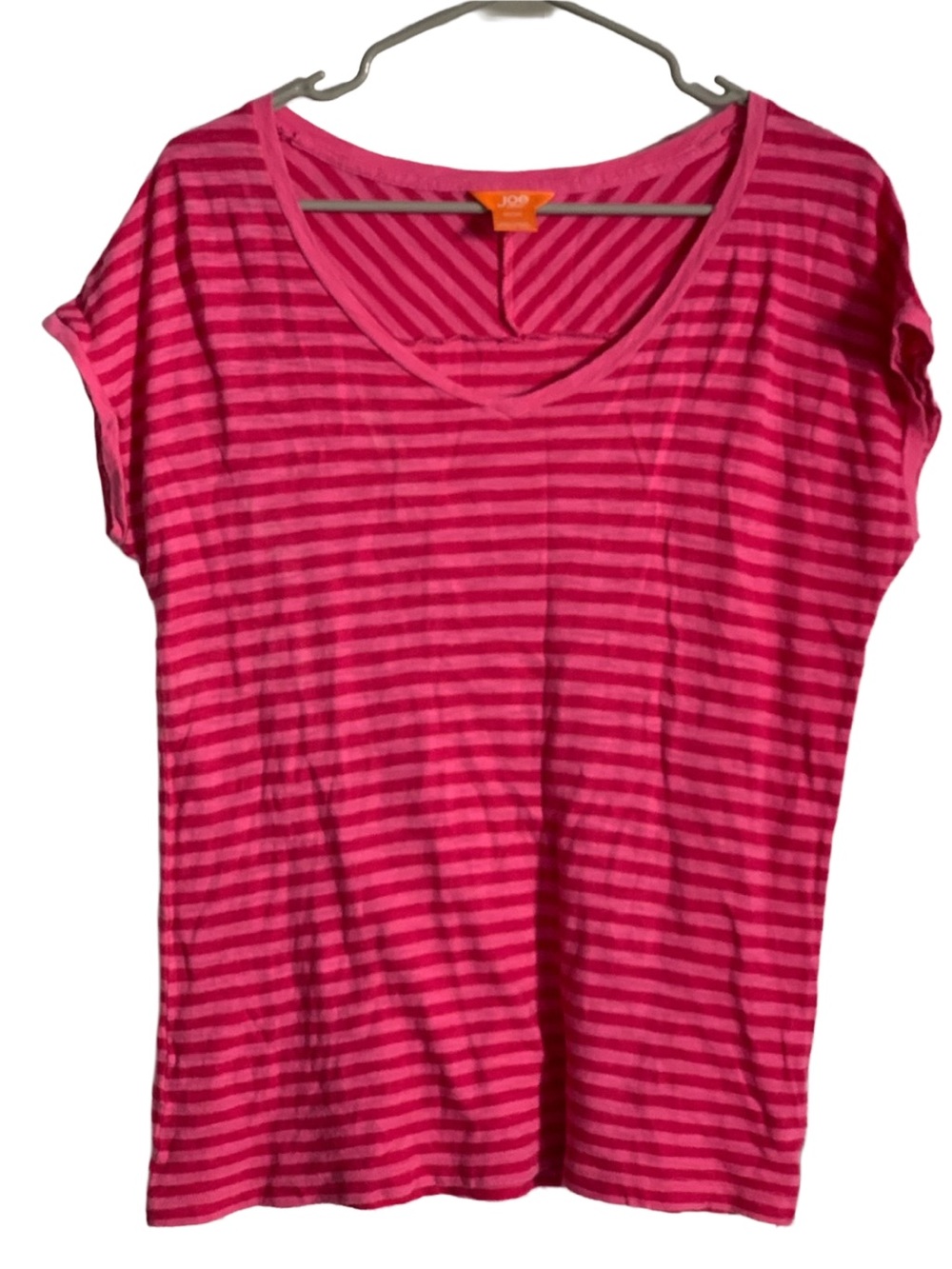 JOE Women’s Pink Stripe Rounded V-Neck Cotton Cap Sleeve Tee Shirt Top